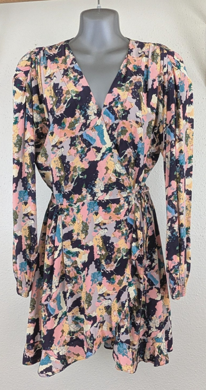 IRO sz 38 or US 6 Bloomy Wrap Mini Dress multi color ruffle trim abstract 1705